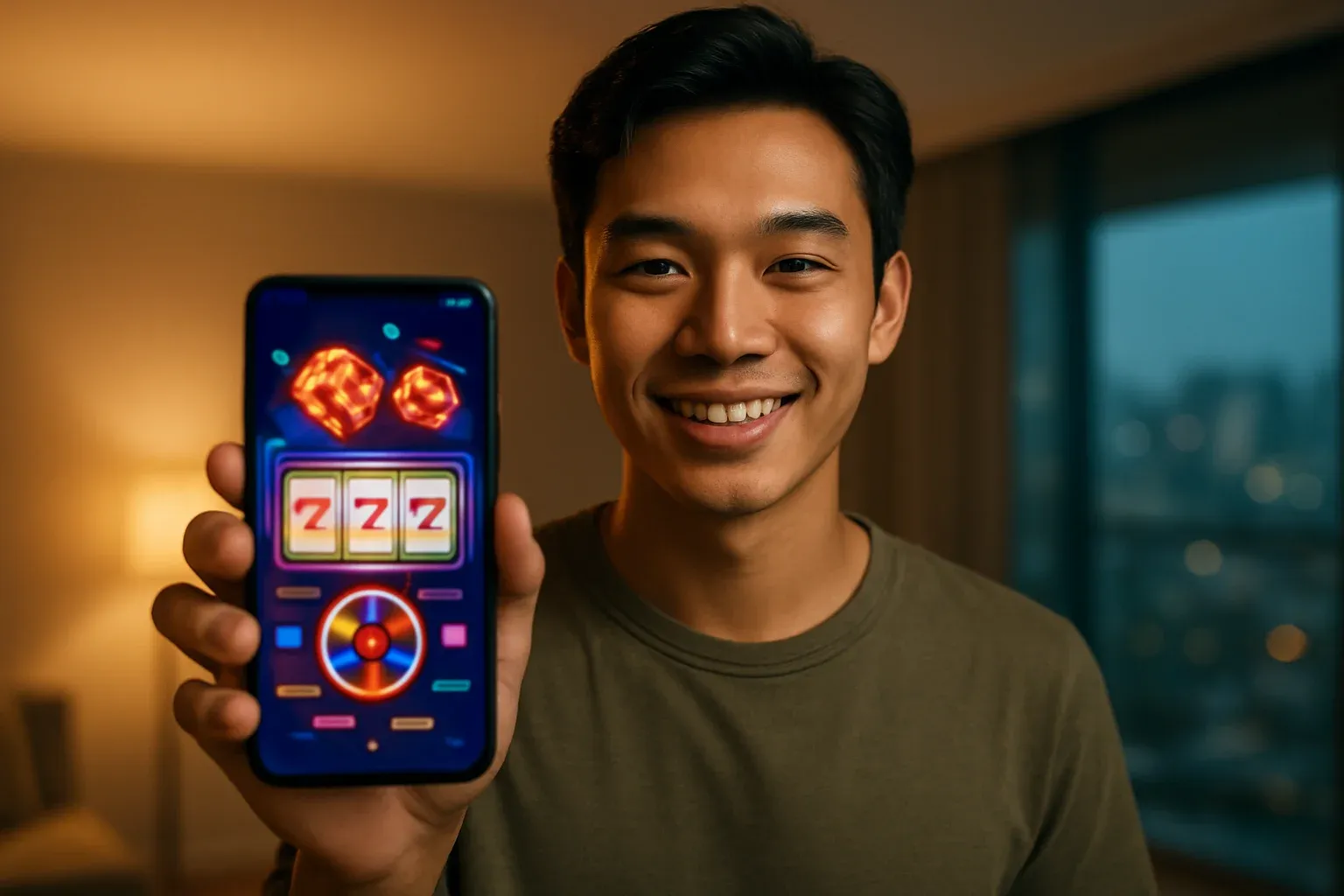 Chàng trai Việt cầm smartphone hiển thị giao diện casino rực sáng