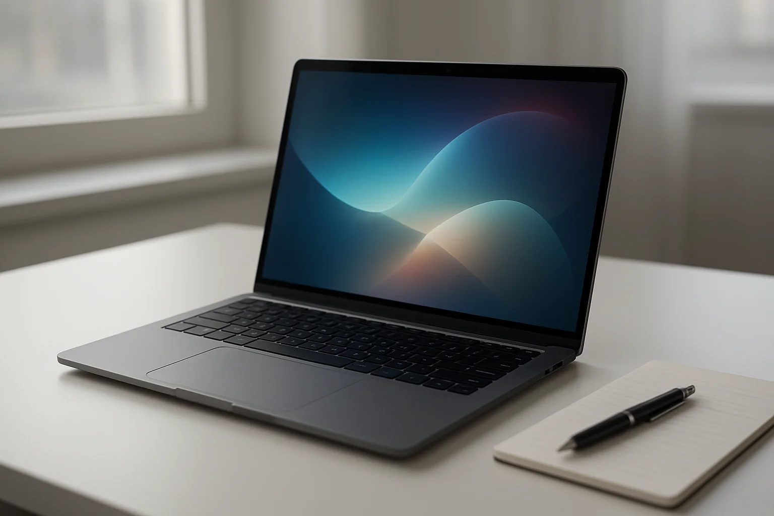 Laptop hiện đại trên bàn trắng, màn hình trừu tượng phát sáng, ánh sáng tự nhiên
