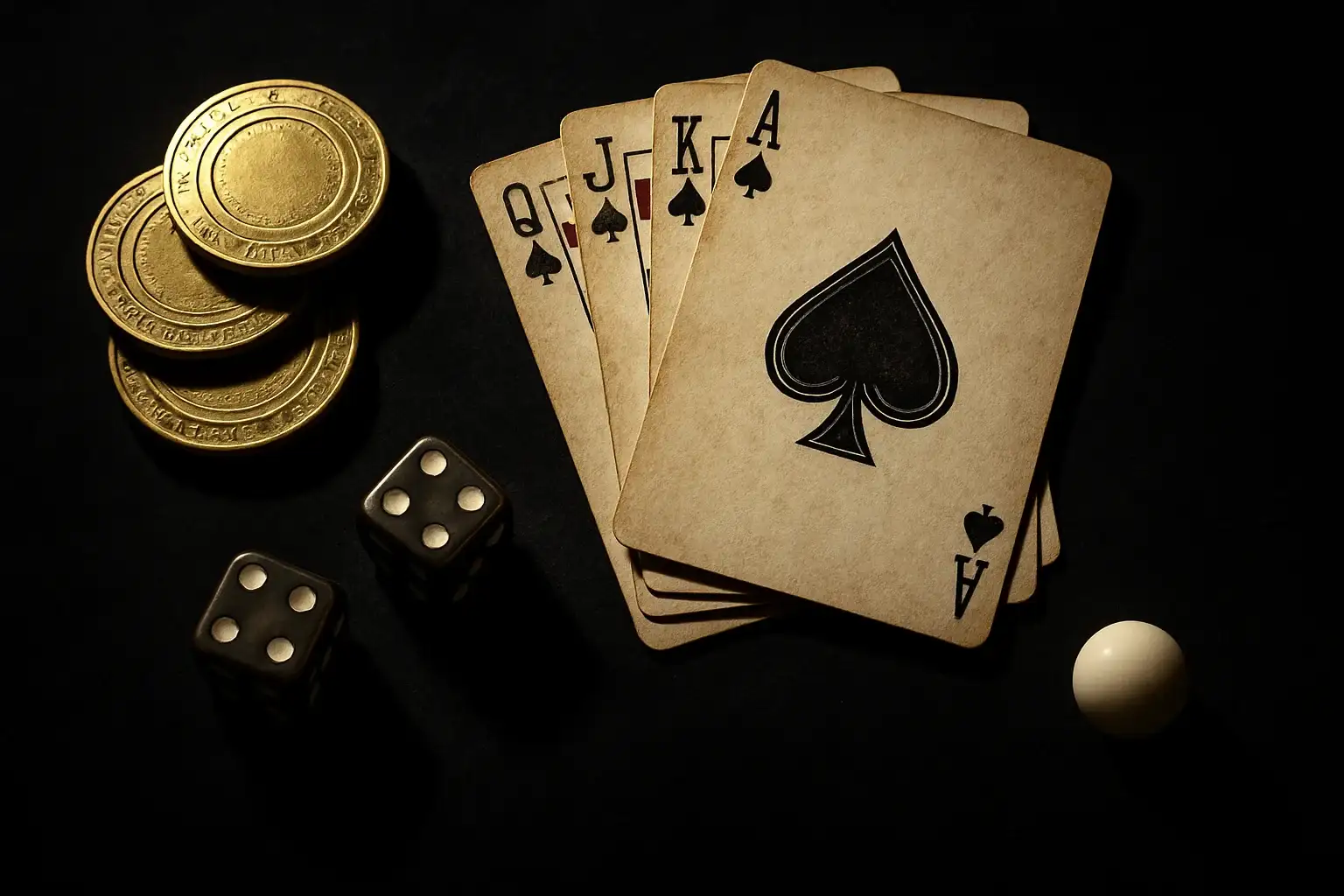 Flat-lay casino trên nhung tối với chip vàng, bài, xúc xắc, bi roulette
