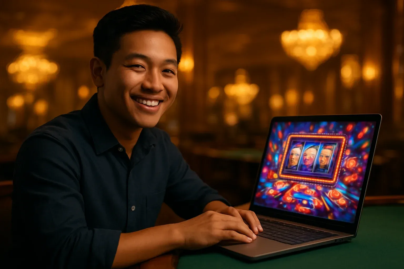 Chân dung nam Việt Nam cười tự tin bên laptop tại casino sang trọng