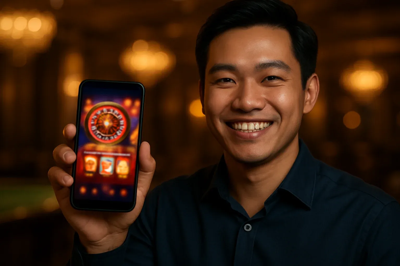 Chân dung nam Việt trẻ cười tươi cầm điện thoại hiển thị app casino mờ