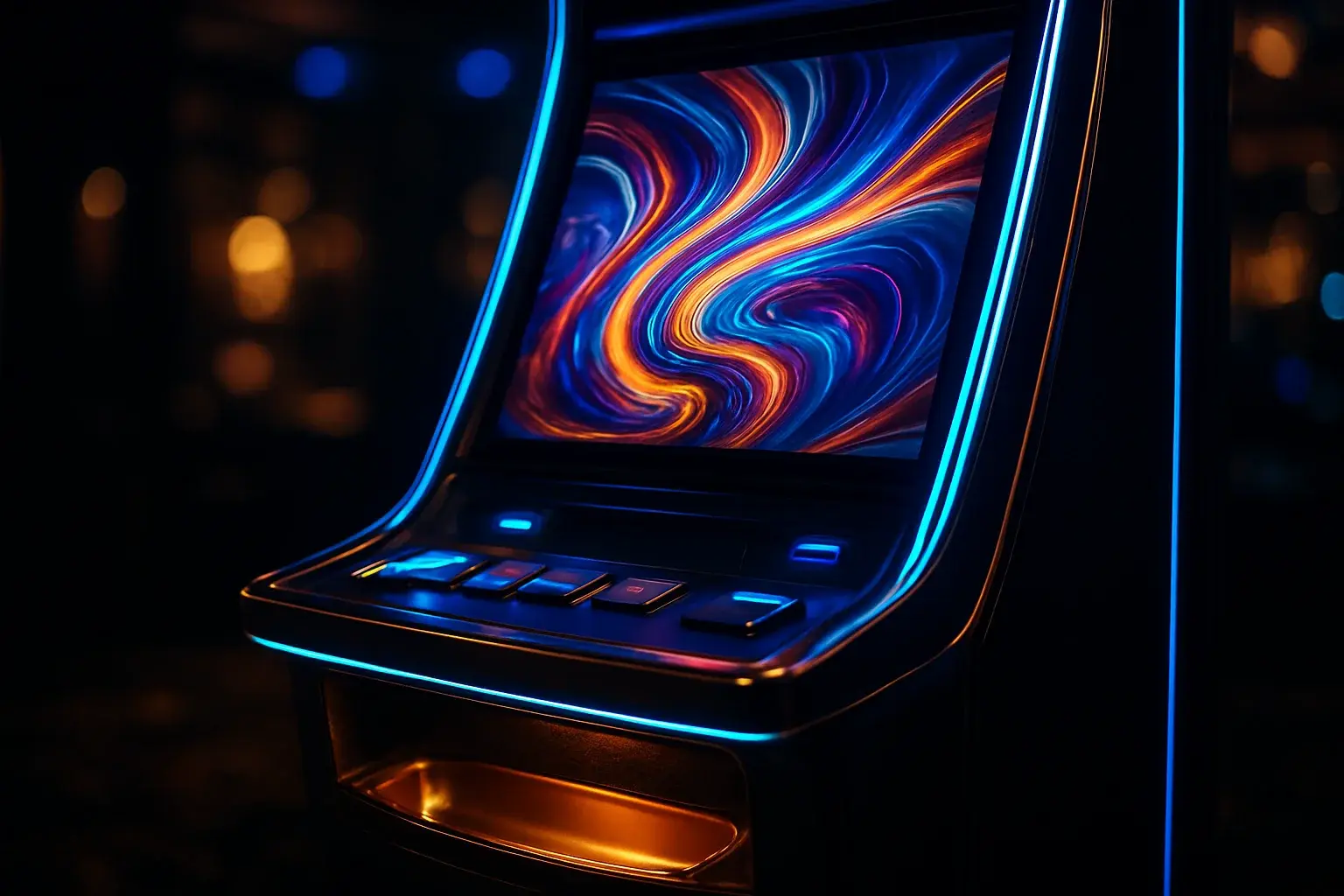 Cảnh rộng máy slot cao cấp trong không gian sang trọng tối, ánh neon xanh vàng